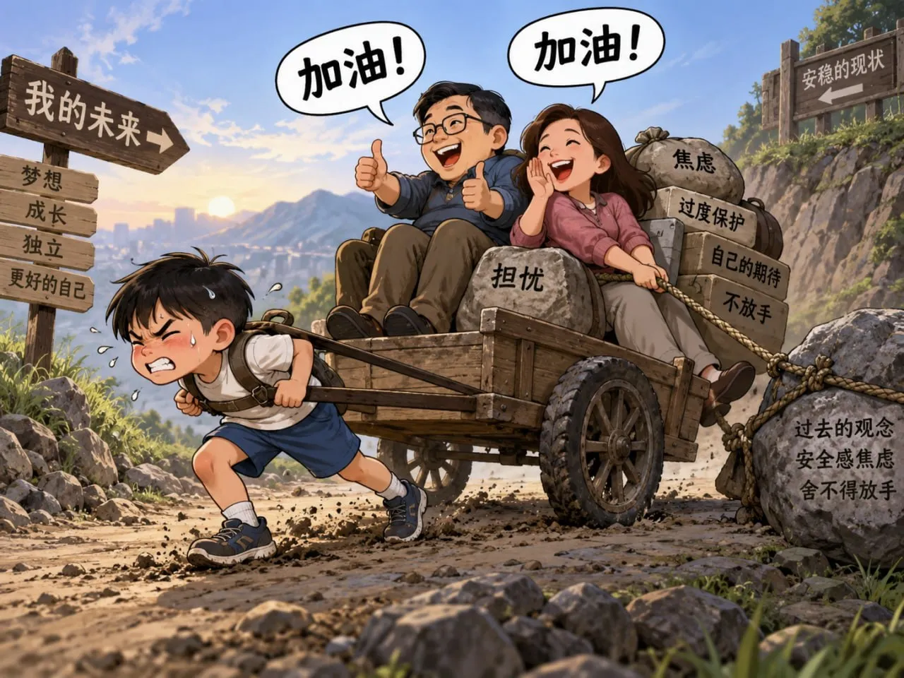 父母坐在车上为孩子加油，孩子拉着车走向自己的未来